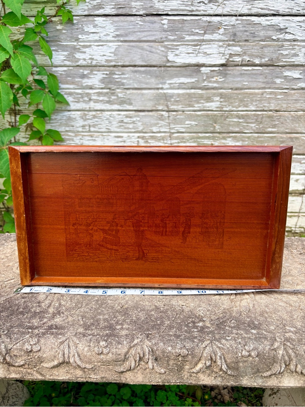 Vintage 1940’s California Redwood Souvenir Tray with Mission Fiesta Scene